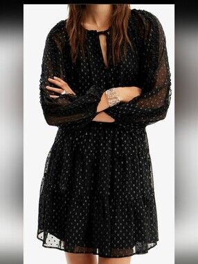 DESIGUAL Women Mini Dress Polka Dot Black Silver Size XL Long Sleeve Holiday